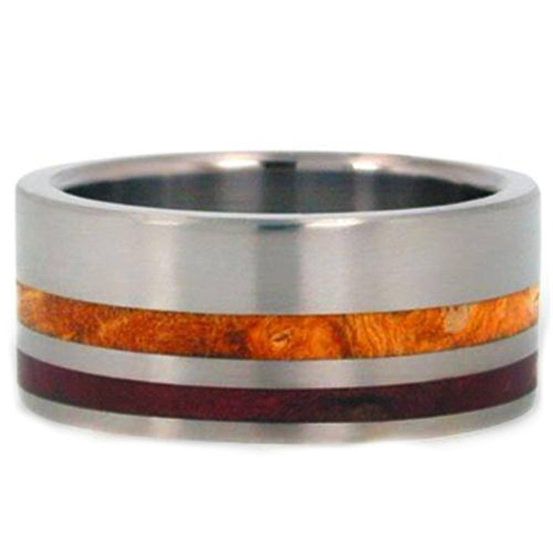 Gold Box Elder Burll Wood and Redwood 10mm Comfort-Fit Titanium Band, Size 15.75