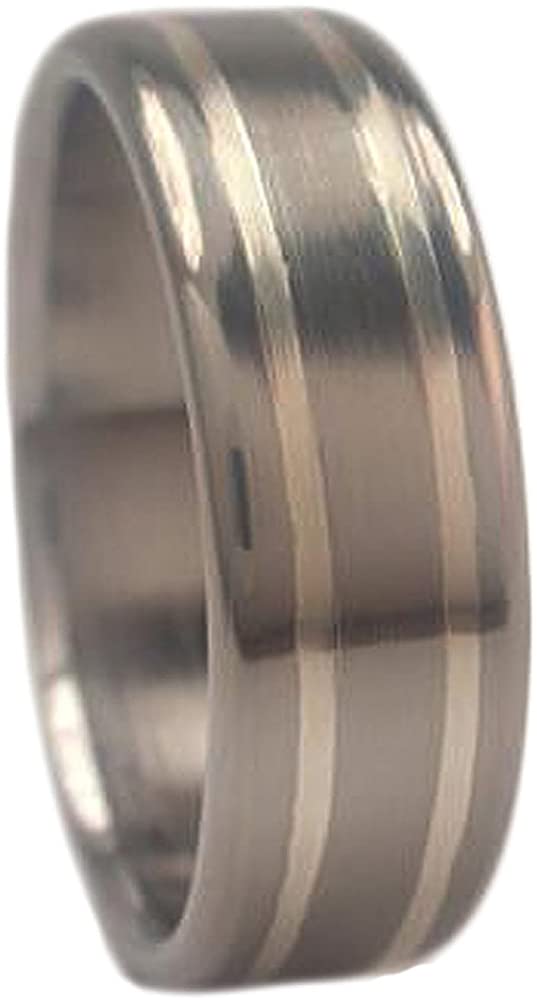 Inlaid Sterling Silver, Brushed Titanium 9mm Comfort-Fit Wedding Band, Size 12