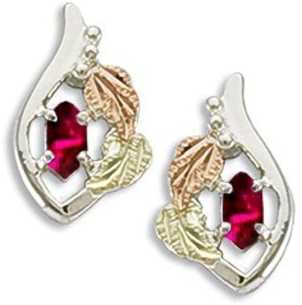 Ave 369 Created Ruby Marquise July Birthstone Earrings, Sterling Silver, 12k Green and Rose Gold Black Hills Gold Motif