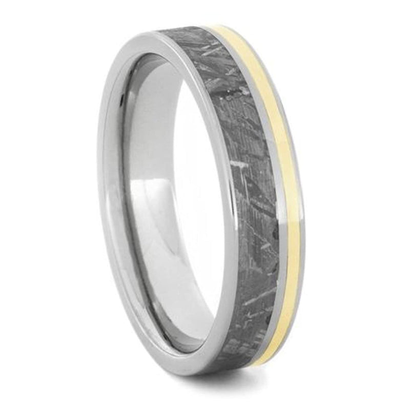 Gibeon Meteorite, 14k Yellow Gold Stripe 5.5mm Titanium Comfort-Fit Ring, Size 13.5