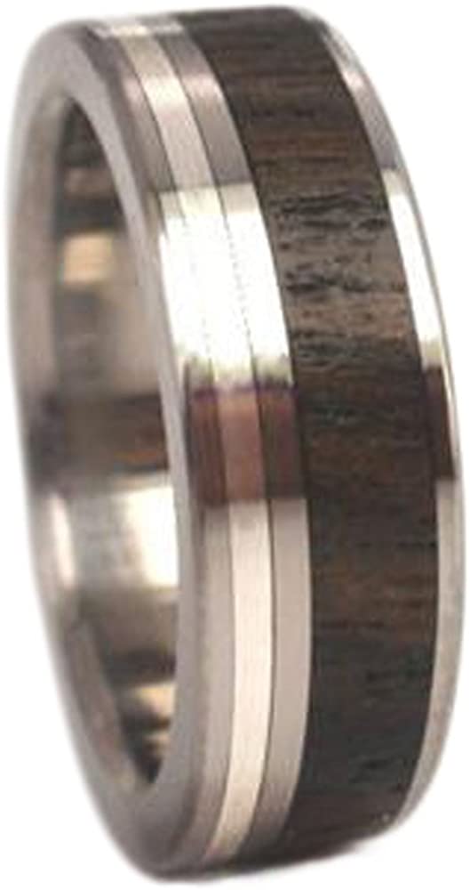 Ziricote Wood, Inlaid Sterling Silver 7mm Comfort-Fit Titanium Ring, Size 8.25