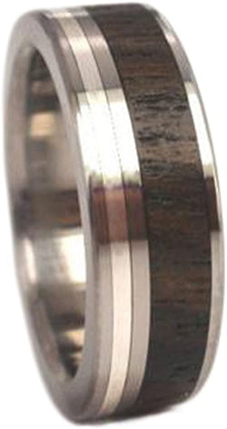 Ziricote Wood, Inlaid Sterling Silver 7mm Comfort-Fit Titanium Ring, Size 5.5