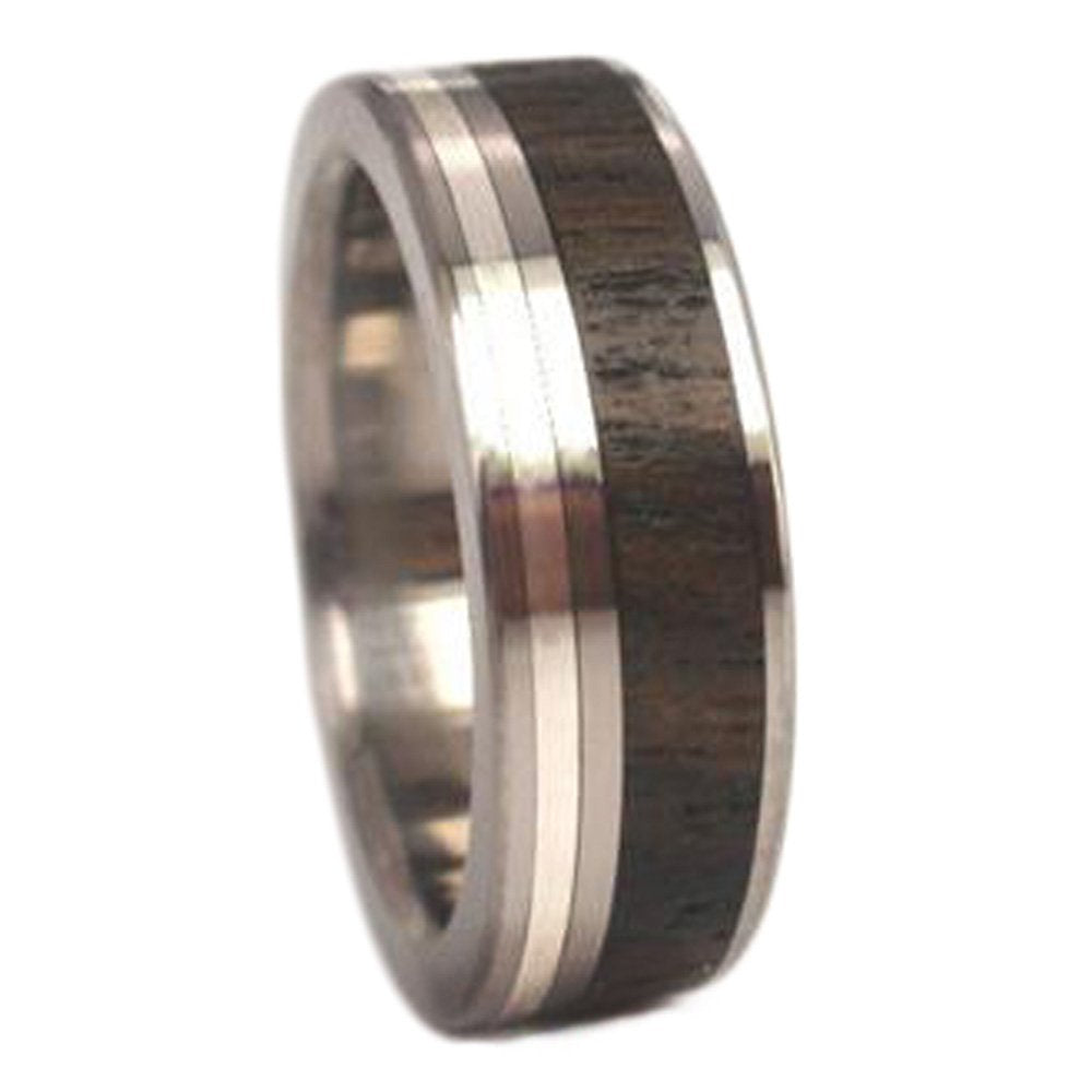 Ziricote Wood, Inlaid Sterling Silver 7mm Comfort-Fit Titanium Ring, Size 11.25