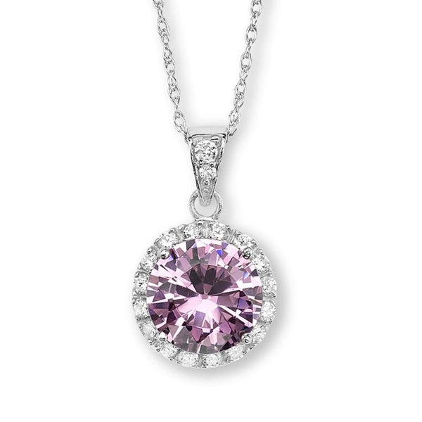 Pink CZ Halo Pendant Rhodium Plated Sterling Silver Necklace, 18"