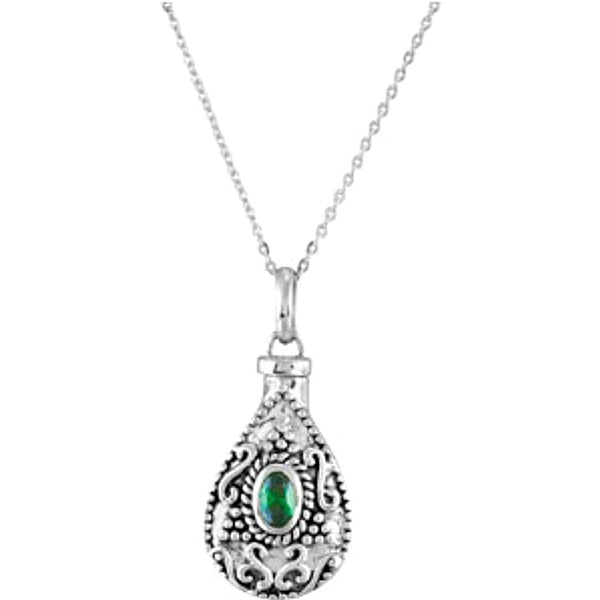 Green CZ Teardrop Ash Holder Necklace, Rhodium Plate Sterling Silver, 18"