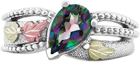 Pear Mystic Fire Topaz Granulated Bead Ring, Sterling Silver, 12k Green and Rose Gold Black Hills Gold Motif, Size 7