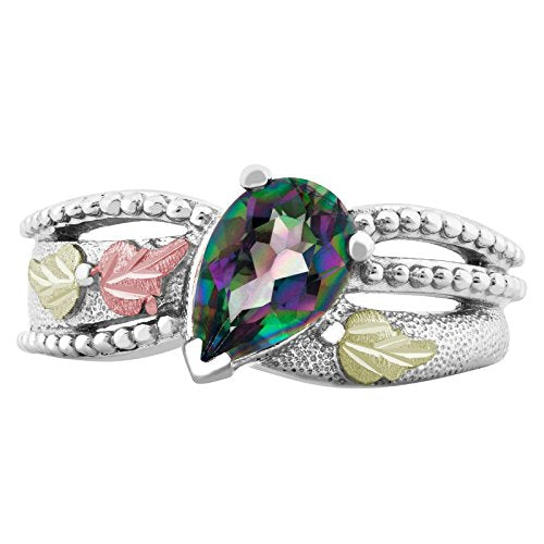 Pear Mystic Fire Topaz Granulated Bead Ring, Sterling Silver, 12k Green and Rose Gold Black Hills Gold Motif, Size 8.75