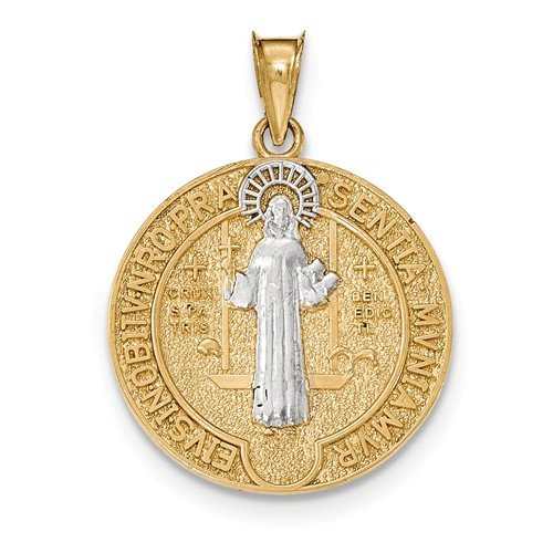 Rhodium-Plated 14k Yellow Gold Circle St. Benedict Medal Pendant