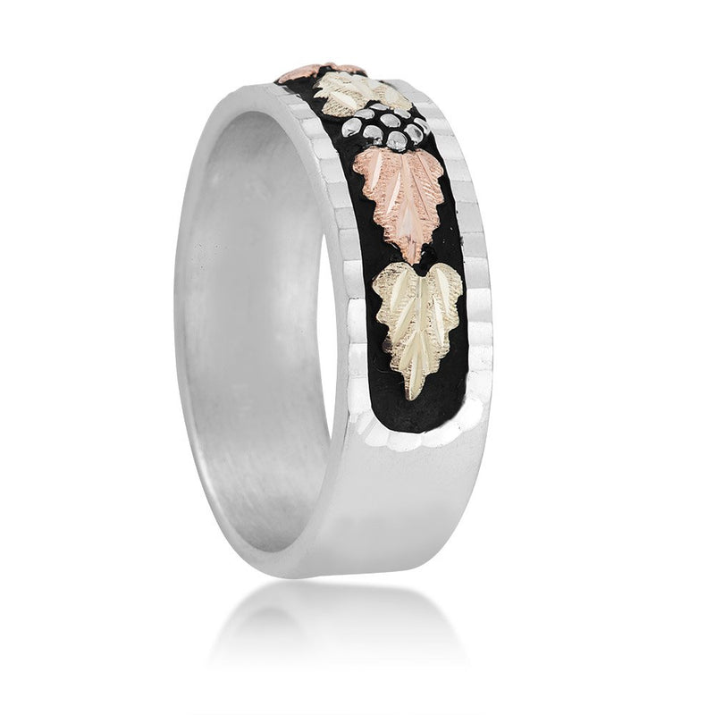 Men's Black Diamond-Cut Band, Sterling Silver, 12k Green and Rose Gold Black Hills Gold Motif