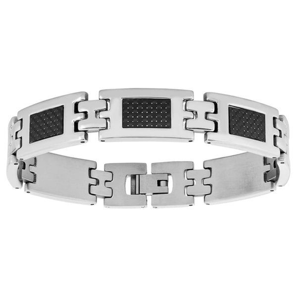 Men's High Polish, Two-Tone Black Carbon Fiber Bracelet, Stainless Steel, 8.5"