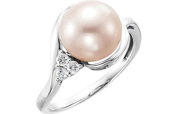 White Freshwater Cultured Pearl and Diamond Ring, Rhodium-Plated 14k White Gold, Size 7 (9.5-10.0mm) (.08 Ctw, H-J Color, I3 Clarity)