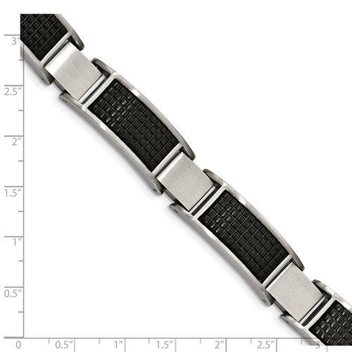 Men's Brushed Stainless Steel Black IP Textured Link Bracelet, 8"