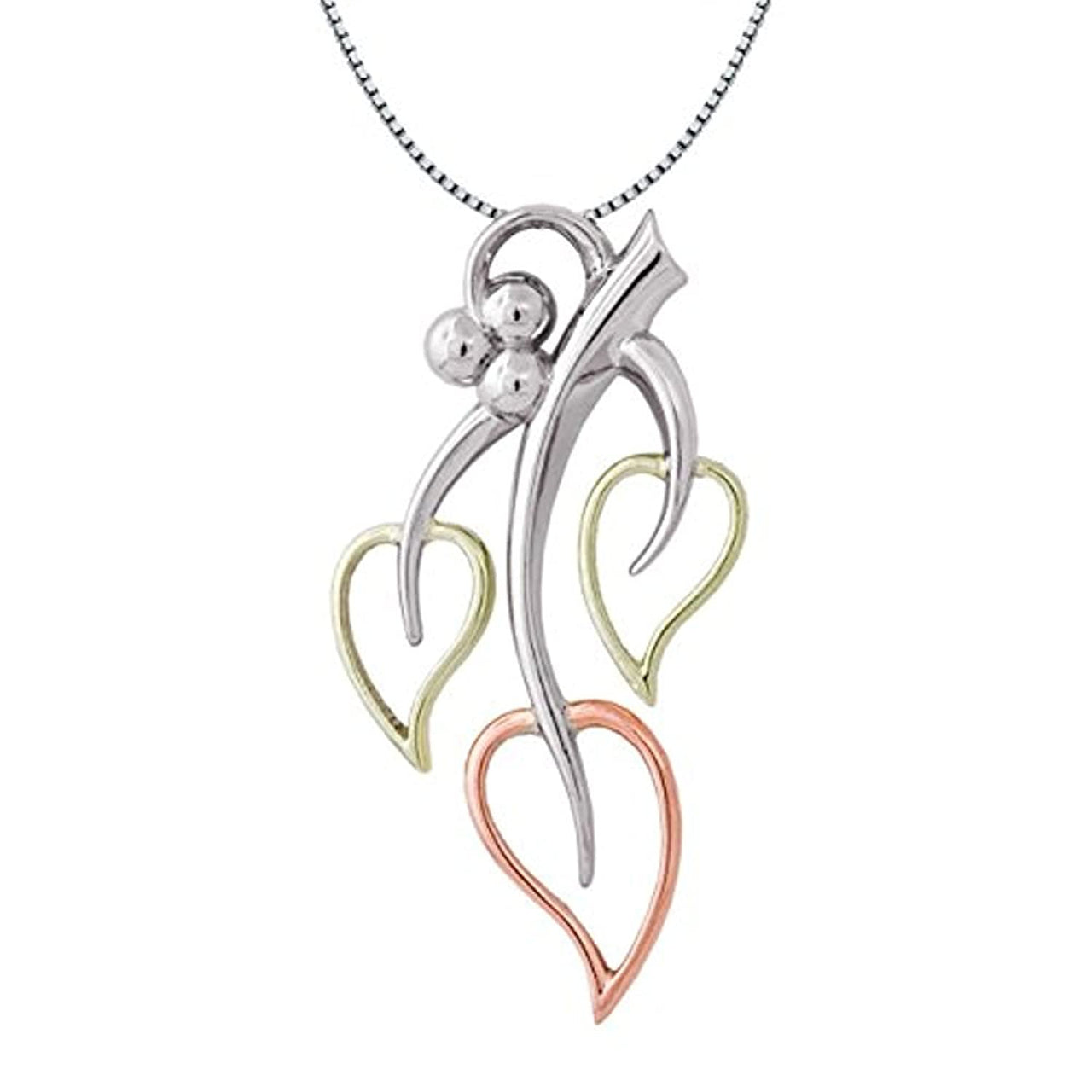 Graduated Heart Shape Leaf Pendant Necklace, Rhodium Plated Sterling Silver, 10k Green and Rose Gold, 18" to 22"