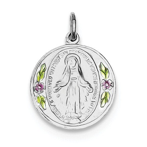 Rhodium-Plated Sterling Silver Epoxy Miraculous Medal Pendant (16X14MM)