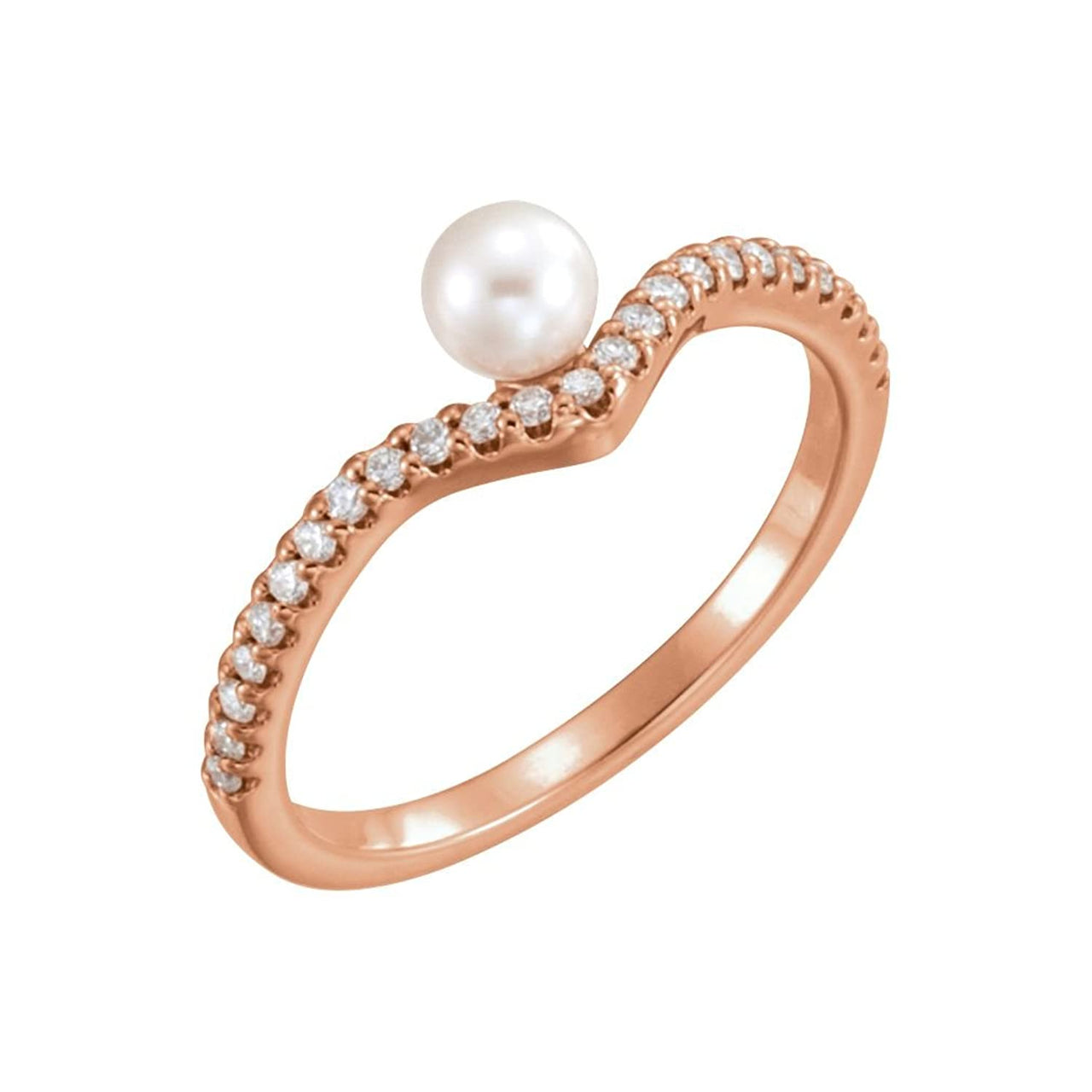 White Freshwater Cultured Pearl, Diamond Asymmetrical Ring, 14k Rose Gold (4-4.5mm)(.2 Ctw, G-H Color, I1 Clarity)