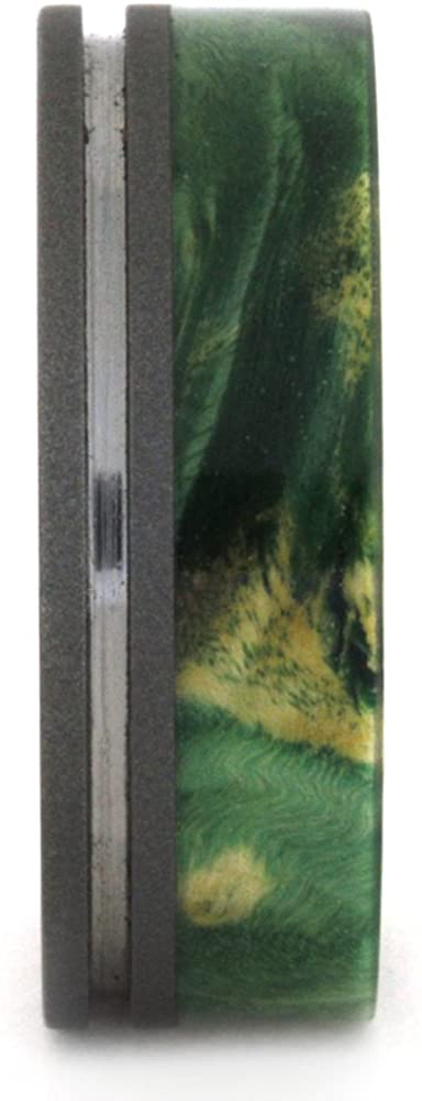 Green Box Elder Burl 8mm Comfort-Fit Sandblasted Titanium Band, Size 8.75