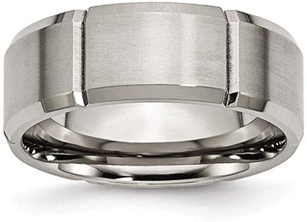 Rhodium-Plated Brushed Titanium Grooved Beveled Edge 8mm Comfort-Fit Band, Size 10