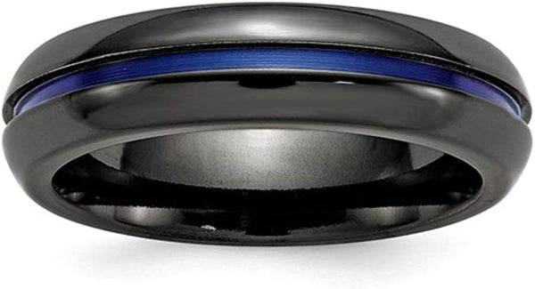 Anodized Collection Black Titanium Blue Anodized Center Grooved 6mm Comfort-Fit Band, Size 6.5