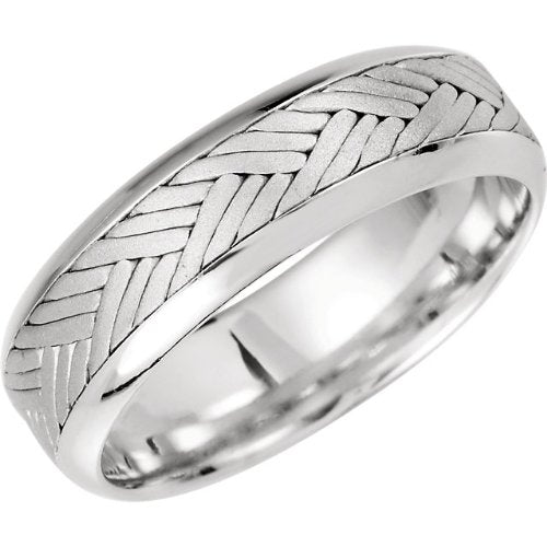 7mm 14k White Gold Hand Woven Chevron Braid Comfort Fit Band, Sizes 5 to 12.5