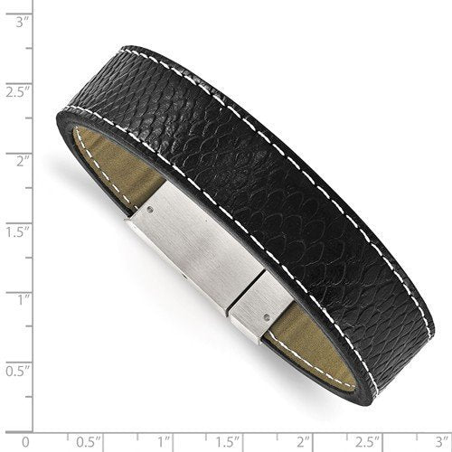 Men's Brushed Stainless Steel Black Leather Bracelet, 8.25"