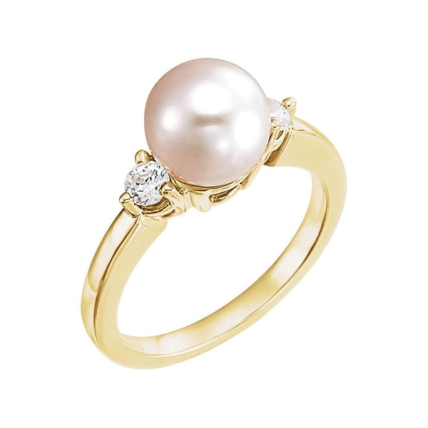 White Akoya Cultured Pearl and Diamond Ring, 14k Yellow Gold (8mm) (.25Ctw, G-H Color, I1 Clarity)