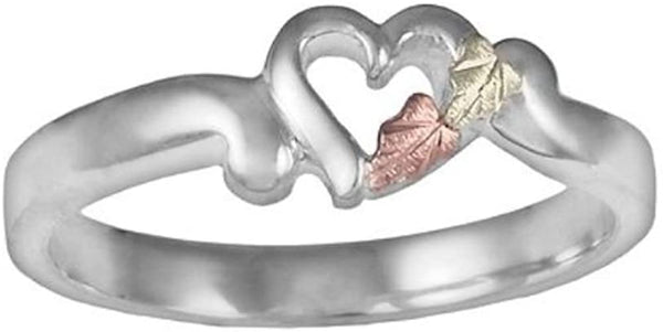 Petite Heart Bypass Ring, Sterling Silver, 12k Green and Rose Gold Black Hills Gold Motif, Size 8