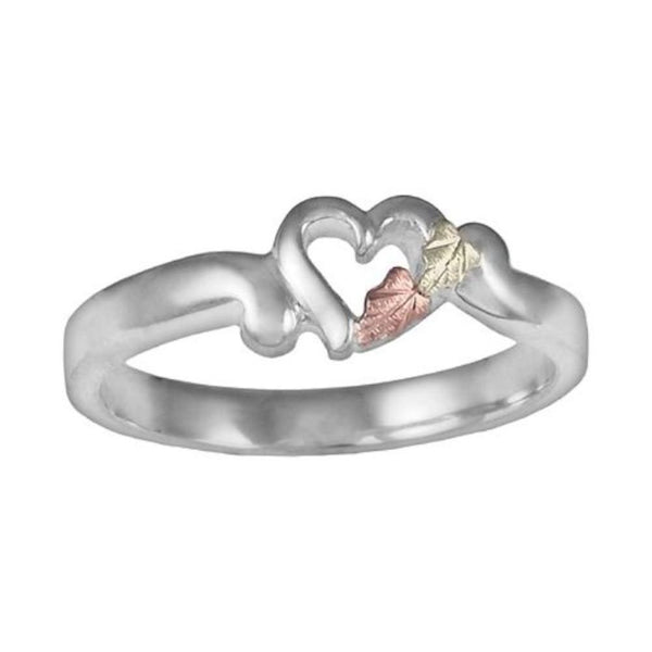 Petite Heart Bypass Ring, Sterling Silver, 12k Green and Rose Gold Black Hills Gold Motif