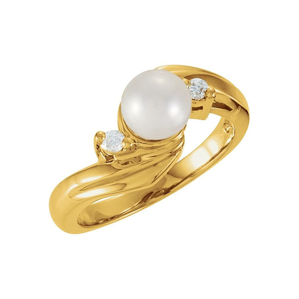 White Akoya Cultured Pearl and Diamond Bypass Ring, 14k Yellow Gold (6.50mm) (.125Ctw, G-H Color, I1 Clarity) Size 7