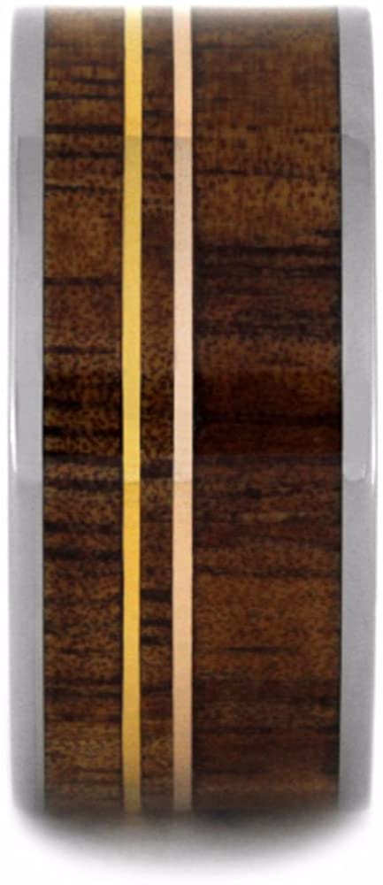 Koa Wood, 14k Yellow and Rose Gold Pinstripes 11mm Comfort-Fit Titanium Wedding Band, Size 13.75