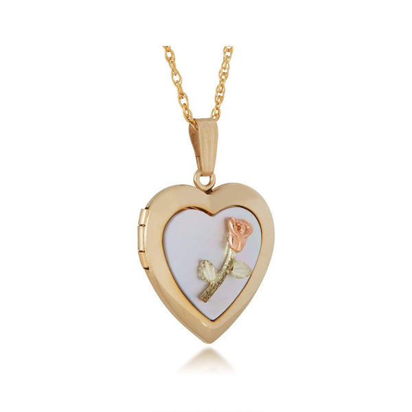 Inlaid Mother of Pearl Heart Locket Necklace, 10k Yellow Gold, 12k Green and Rose Gold Black Hills Gold Motif, 18"