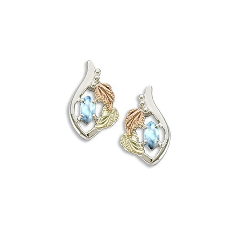 Ave 369 Created Aquamarine Marquise March Birthstone Earrings, Sterling Silver, 12k Green and Rose Gold Black Hills Gold Motif