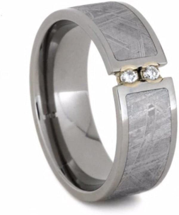 2-Stone Tension Set White Sapphires, Gibeon Meteorite 8mm Comfort-Fit Titanium Wedding Band, Size 4.25