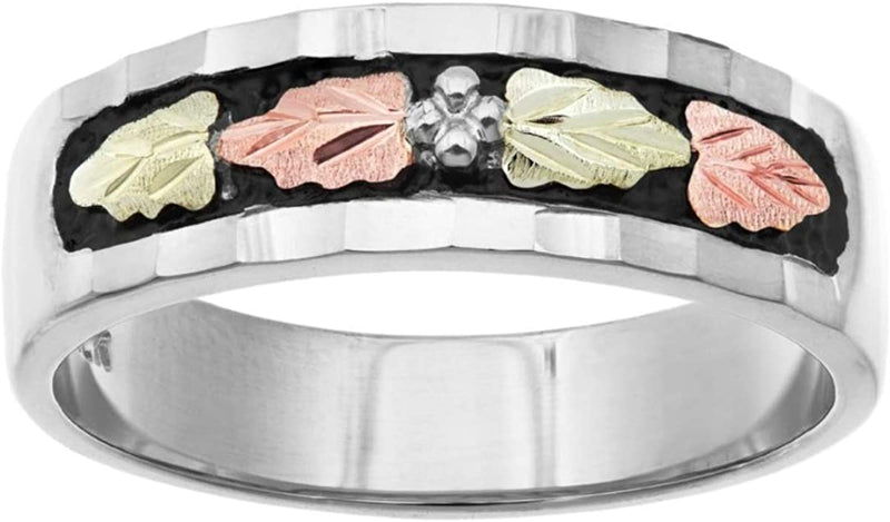 Rhodium-Plated Sterling Silver 12k Rose and Green Gold Black Diamond-Cut Black Hills Gold Wedding Band, His and Hers Wedding Ring Set M14-F2.5