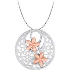 Circle Flower Pendant Necklace, Rhodium Plated Sterling Silver, 10k Rose Gold, 18" to 22"