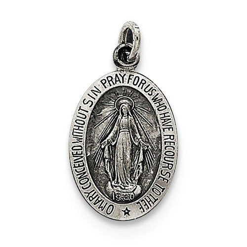 Sterling Silver Antiqued Miraculous Medal Charm Pendant (20X10 MM)