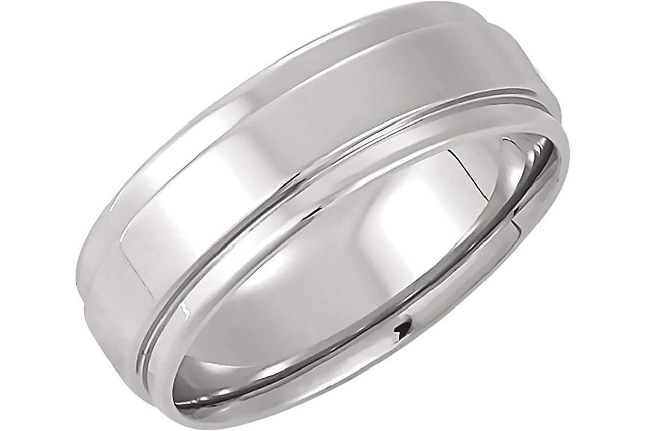 Grooved Flat Edge Comfort Fit 14k White Gold Band 7.5mm, Size 16