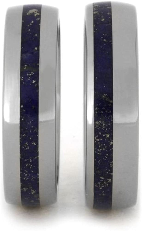 Lapis Lazuli Comfort-Fit His and Hers Titanium Wedding Band Set, M12.5-F5.5
