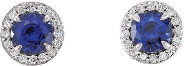 Platinum Chatham Created Blue Sapphire and Diamond Halo-Style Earrings (3.5 MM) (.16 Ctw, G-H Color, SI2-SI3 Clarity)
