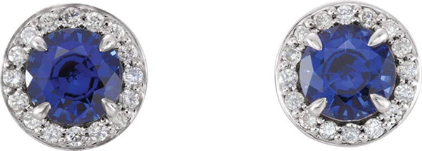 Platinum Chatham Created Blue Sapphire and Diamond Halo-Style Earrings (4.5 MM) (.16 Ctw, G-H Color, SI2-SI3 Clarity)