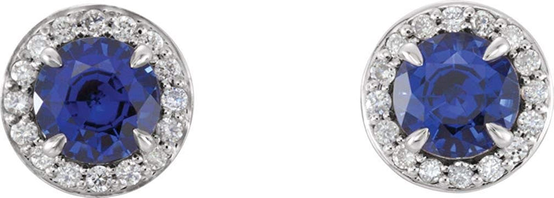 Chatham Created Blue Sapphire and Diamond Halo-Style Earrings 14k White Gold (3.5MM) (.16 Ctw, G-H Color, I1 Clarity)