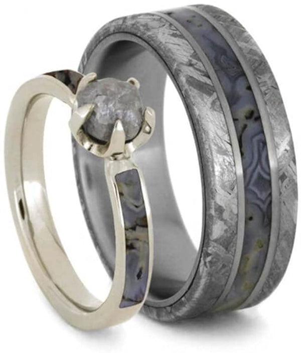 His and Hers Gibeon Meteorite, Dino Bone 7mm Comfort-Fit Titanium Band and 10k White Gold Rough Diamond, Dinosaur Bone Ring Size, M13-F6