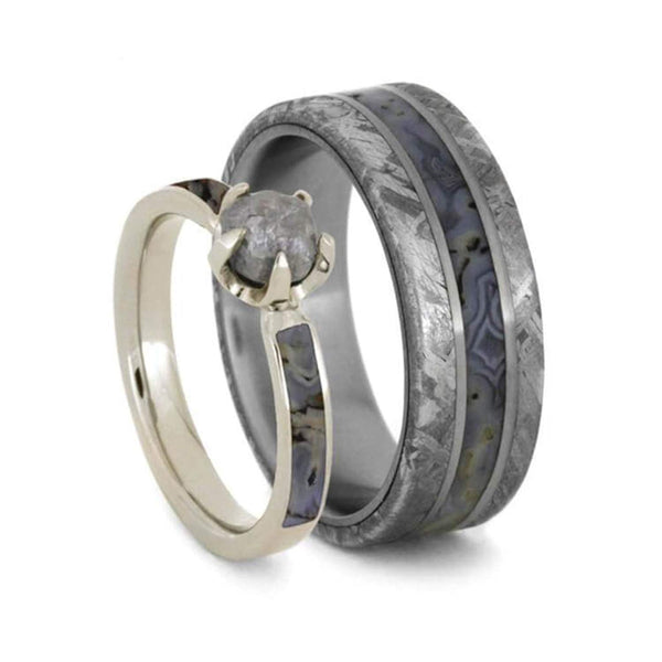 His and Hers Dinosaur Bone Wedding Ring Set, 10k White Gold Rough Diamond Engagement Ring, Men's Gibeon Meteorite Titanium Band