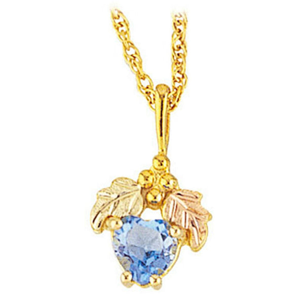 Blue Topaz Heart Pendant Necklace, 10k Yellow Gold, 12k Green and Rose Gold Black Hills Gold Motif, 18"