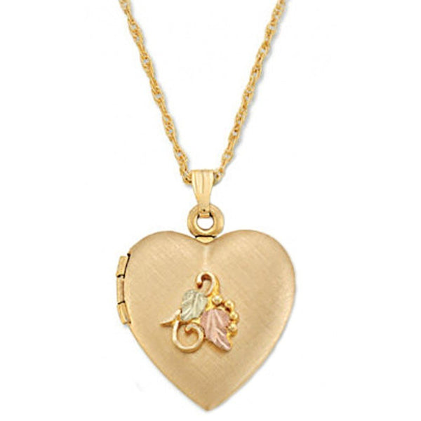 Graduated Leaf with Dome Heart Locket Necklace, 10k Yellow Gold, 12k Green and Rose Gold Black Hills Gold Motif, 18"
