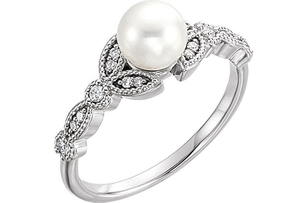 White Freshwater Cultured Pearl, Diamond Vintage-Style Leaf Ring, Sterling Silver (6-6.5MM) (.125Ctw, GH Color, I1 Clarity)