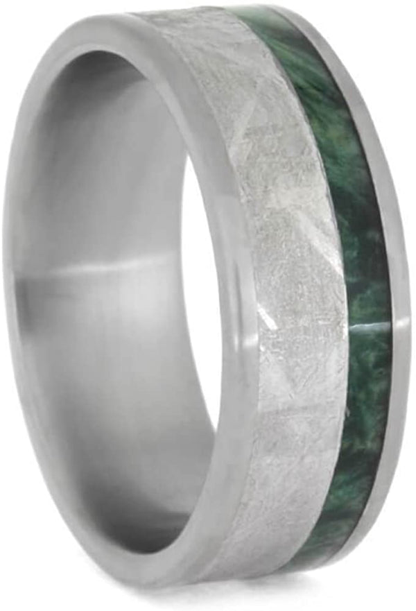 The Men's Jewelry Store (Unisex Jewelry) Gibeon Meteorite, Green Box Elder Burl Wood 8mm Matte Titanium Comfort-Fit Wedding Band, Size 11.25
