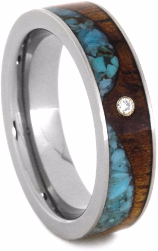 The Men's Jewelry Store (Unisex Jewelry) Diamond, Turquoise Wave, Koa Wood 5.5mm Comfort-Fit Titanium Ring