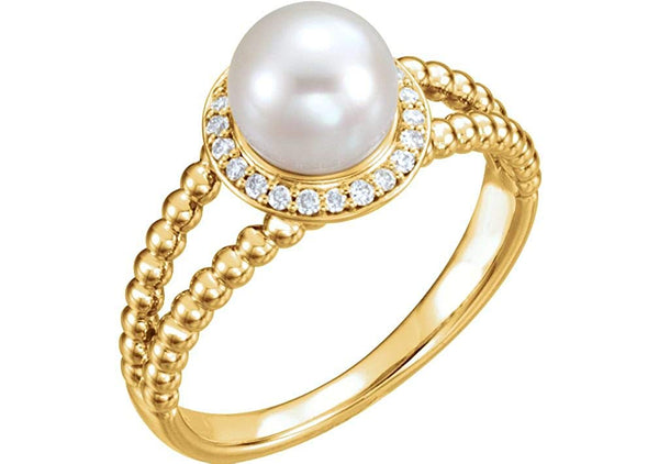 White Freshwater Cultured Pearl Diamond Halo 14k Yellow Gold Ring (7-7.5 MM) (Color G-H, Clarity I1)
