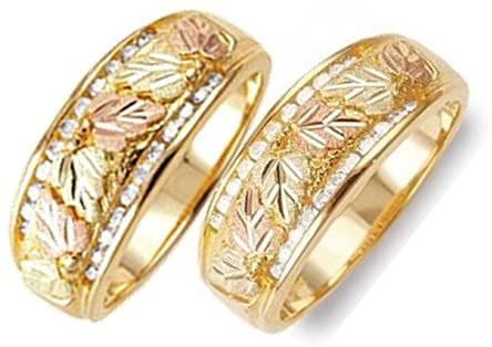 Diamond Bands, 10k Yellow Gold, 12k Green and Rose Gold Black Hills Gold Motif Couples Wedding Ring Set, M11.5-F9