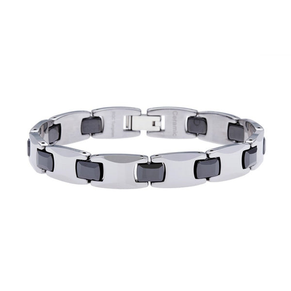 Men's Black Ceramic Link Bracelet, Tungsten, 8.5"